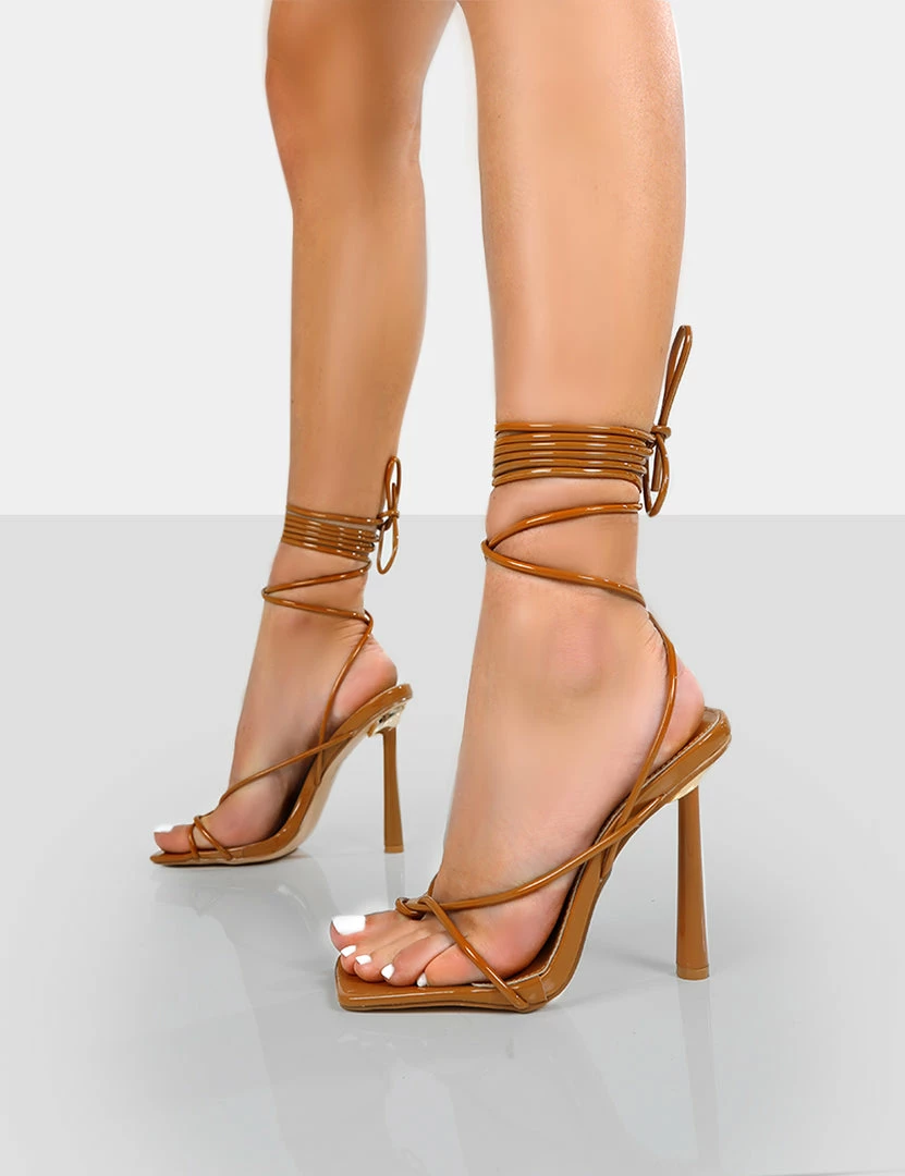 Public Desire UK Lacey Caramel Square Toe Strappy Lace Up Stiletto Heels 4 Public Desire UK Lacey Caramel Square Toe Strappy Lace Up Stiletto Heels
