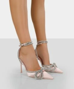 Public Desire UK Midnight Pink Satin Wrap Around Bow Pointed Toe Court Heels PINK HEELS