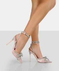 Public Desire UK Midnight Pink Satin Wrap Around Bow Pointed Toe Court Heels PINK HEELS