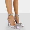 Public Desire UK Midnight Lavender Satin Wrap Around Bow Pointed Toe Court Heels