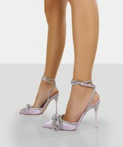 Public Desire UK Midnight Lavender Satin Wrap Around Bow Pointed Toe Court Heels