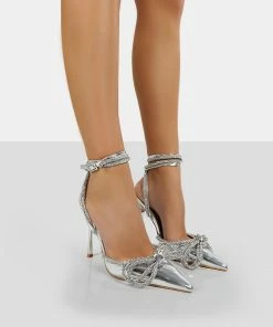Public Desire UK Midnight Silver Mirror Wrap Around Bow Pointed Toe Court Heels NEW IN