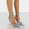 Public Desire UK Midnight Wide Fit Silver Mirror Wrap Around Bow Pointed Toe Court Heels