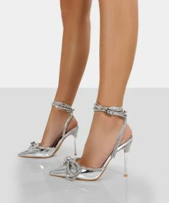 Public Desire UK Midnight Wide Fit Silver Mirror Wrap Around Bow Pointed Toe Court Heels