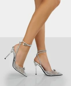 Public Desire UK Glisten Silver Metallic Perspex Diamante Wrap Around Pointed Toe Court Heels NEW IN