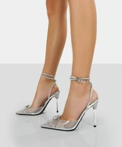 Public Desire UK Glisten Silver Metallic Perspex Diamante Wrap Around Pointed Toe Court Heels NEW IN