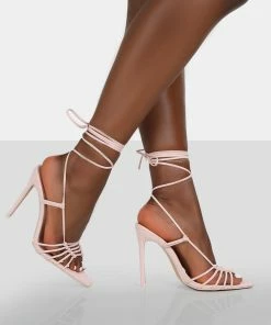 Public Desire UK Valencia Wide Fit Pink Pu Strappy Lace Up Pointed Toe Stiletto Heels