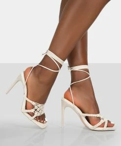 Public Desire UK Seabreeze Ecru Rope Woven Lace Up Square Toe Heels