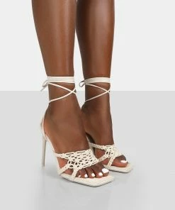 Public Desire UK Seabreeze Ecru Rope Woven Lace Up Square Toe Heels