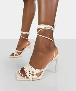 Public Desire UK Seabreeze Ecru Rope Woven Lace Up Square Toe Heels