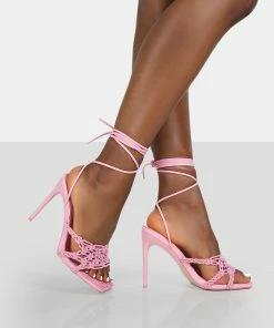 Public Desire UK Seabreeze Pink Rope Woven Lace Up Square Toe Heels