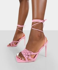 Public Desire UK Seabreeze Pink Rope Woven Lace Up Square Toe Heels