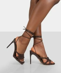 Public Desire UK Seabreeze Chocolate Rope Woven Lace Up Square Toe Heels