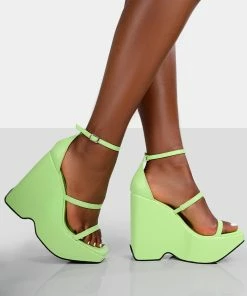 Public Desire UK Duke Green Lime Strappy Square Toe Platform Wedge High Heels NEW IN