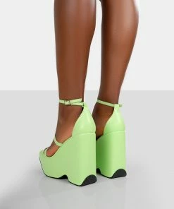 Public Desire UK Duke Green Lime Strappy Square Toe Platform Wedge High Heels NEW IN