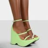 Public Desire UK Duke Green Lime Strappy Square Toe Platform Wedge High Heels NEW IN