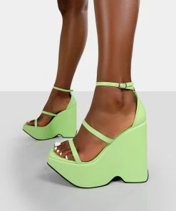 Public Desire UK Duke Green Lime Strappy Square Toe Platform Wedge High Heels NEW IN