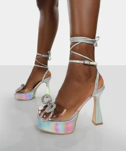 Public Desire UK Athena Silver Holographic Platform Lace Up Bow Heels