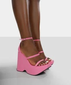Public Desire UK Duke Pink Strappy Square Toe Platform Wedge High Heels NEW IN