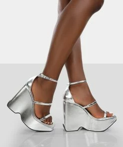 Public Desire UK Duke Silver Strappy Square Toe Platform Wedge High Heels