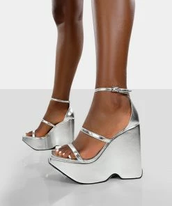Public Desire UK Duke Silver Strappy Square Toe Platform Wedge High Heels