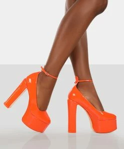 Public Desire UK NEW IN Donatella Orange Patent Ankle Strap Block Heel Platform Court Shoes