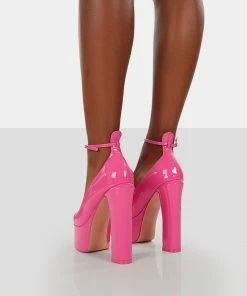 Public Desire UK NEW IN Donatella Pink Patent Ankle Strap Block Heel Platform Court Shoes