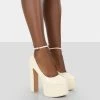 Public Desire UK Donatella White Patent Ankle Strap Block Heel Platform Court Shoes NEW IN
