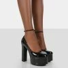 Public Desire UK NEW IN Donatella Black Patent Ankle Strap Block Heel Platform Court Shoes