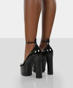 Public Desire UK NEW IN Donatella Black Patent Ankle Strap Block Heel Platform Court Shoes