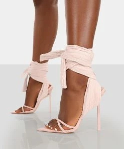 Public Desire UK Brunchin Pink Linen Tie Up Stiletto Heels