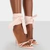 Public Desire UK Brunchin Pink Linen Tie Up Stiletto Heels