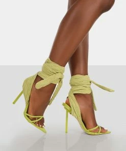 Public Desire UK Brunchin Green Linen Tie Up Stiletto Heels