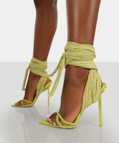 Public Desire UK Brunchin Green Linen Tie Up Stiletto Heels