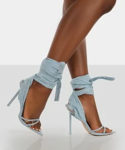 Public Desire UK Brunchin Blue Linen Tie Up Stiletto Heels