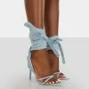 Public Desire UK Brunchin Blue Linen Tie Up Stiletto Heels