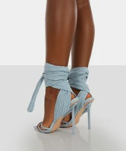 Public Desire UK Brunchin Blue Linen Tie Up Stiletto Heels