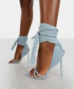 Public Desire UK Brunchin Blue Linen Tie Up Stiletto Heels