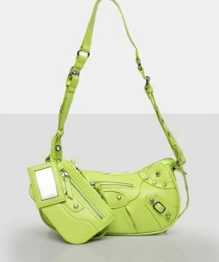 Public Desire UK The Trackstar Lime Green Pu Studded Mirror Zip Detail Handbag NEW IN