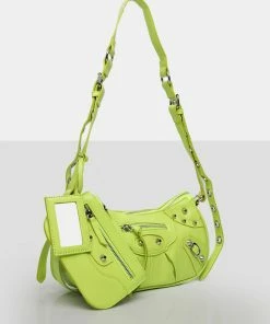Public Desire UK The Trackstar Lime Green Pu Studded Mirror Zip Detail Handbag NEW IN