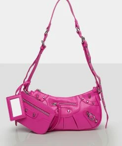 Public Desire UK The Trackstar Bright Pink Pu Studded Mirror Zip Detail Handbag