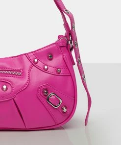 Public Desire UK The Trackstar Bright Pink Pu Studded Mirror Zip Detail Handbag