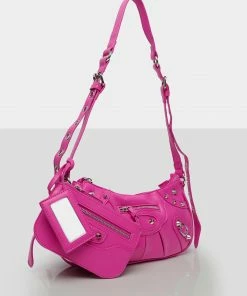 Public Desire UK The Trackstar Bright Pink Pu Studded Mirror Zip Detail Handbag