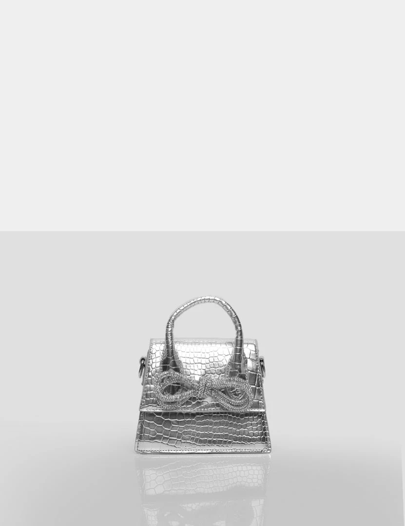 Public Desire UK The Indy Silver Croc Pu Diamante Bow Mini Bag NEW IN 1 Public Desire UK The Indy Silver Croc Pu Diamante Bow Mini Bag NEW IN