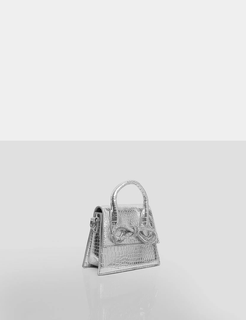 Public Desire UK The Indy Silver Croc Pu Diamante Bow Mini Bag NEW IN 3 Public Desire UK The Indy Silver Croc Pu Diamante Bow Mini Bag NEW IN
