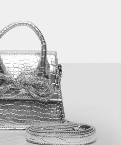 Public Desire UK The Indy Silver Croc Pu Diamante Bow Mini Bag NEW IN 7 Public Desire UK The Indy Silver Croc Pu Diamante Bow Mini Bag NEW IN
