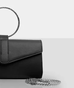 Public Desire UK NEW IN The Pammy Black Pu Diamante Handle Envelope Clutch