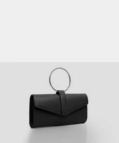 Public Desire UK NEW IN The Pammy Black Pu Diamante Handle Envelope Clutch