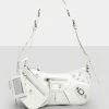 Public Desire UK The Trackstar White Croc Pu Studded Mirror Zip Detail Handbag NEW IN