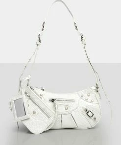 Public Desire UK The Trackstar White Croc Pu Studded Mirror Zip Detail Handbag NEW IN